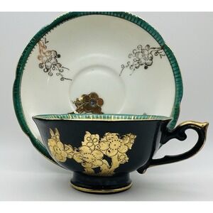 Trimont Teacup Saucer Set Black Gold Moriage Jeweled Floral Japan Vintage China